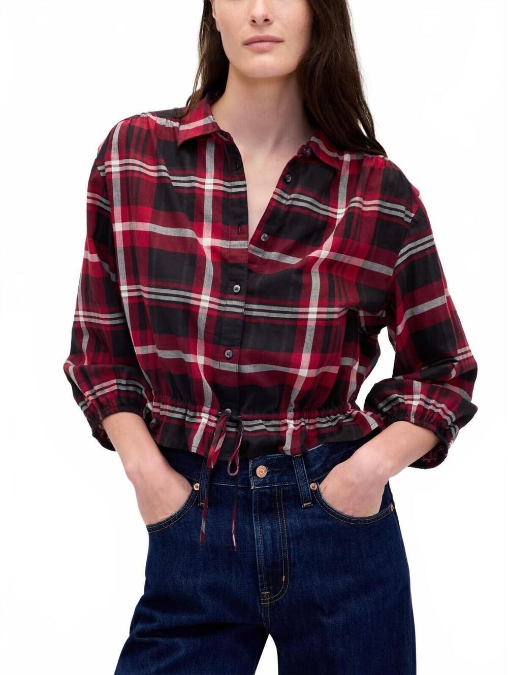 Gap Flannel Plaid Tie-Waist Top NWT Red & Black Plaid Small